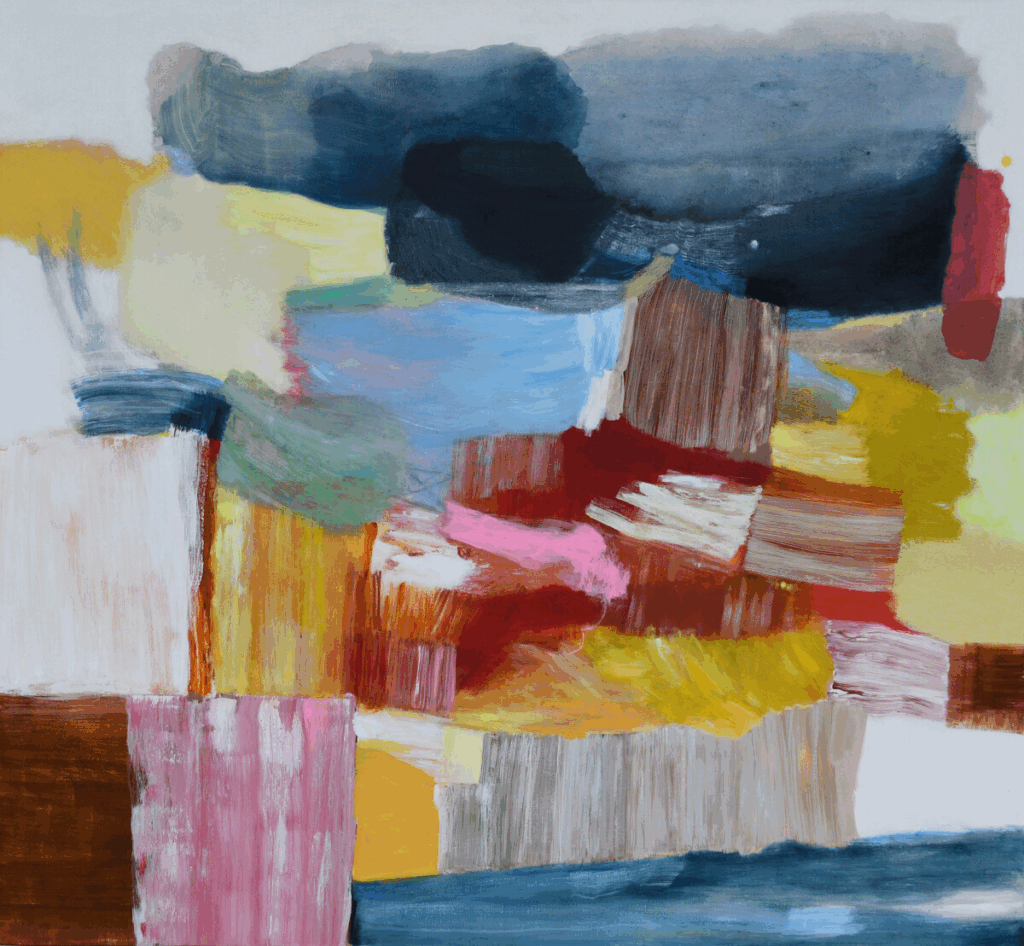 Large abstract art in calming shades of blue and red inspired by sea and sky by Singapore-based abstract artist.