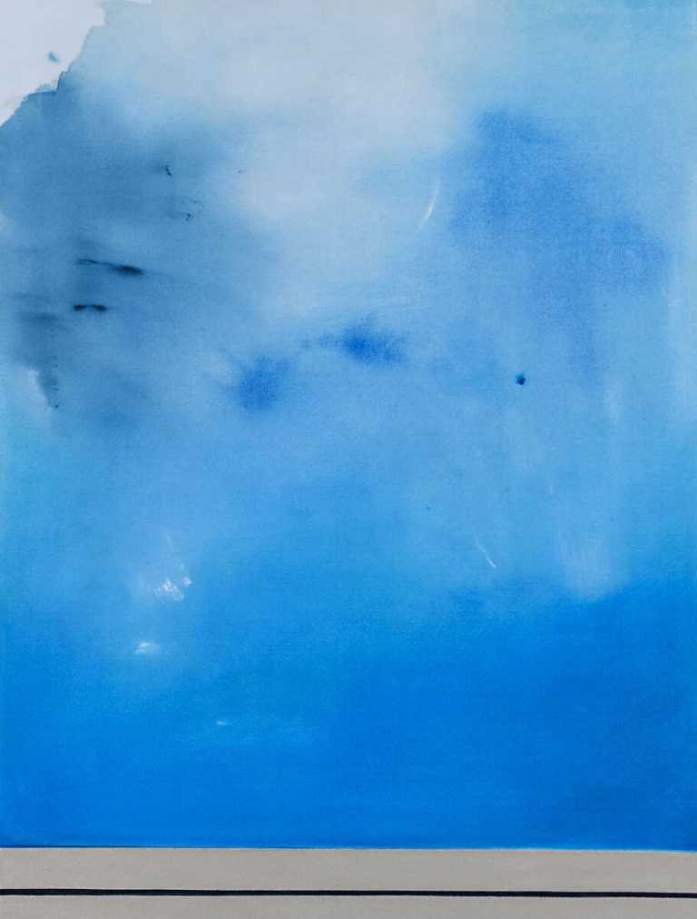 An abstract artwork in varying blue tones, blending fluid sky-like gradients with ocean-inspired waves and textures, painted by a Singapore-based artist.